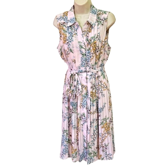 Nanette Lepore Pink/Green Multi-Color Floral Pleated Sleeveless Dress,Size 10 - Picture 3 of 16